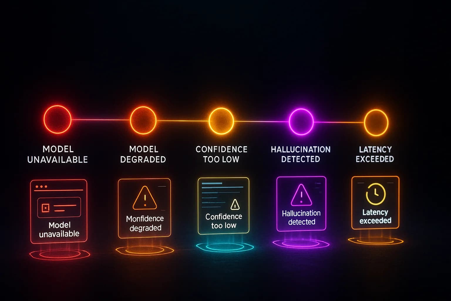 A horizontal spectrum showing five AI failure modes from left to right: model unavailable, model degraded, confidence too low, hallucination detected, and latency exceeded — with corresponding UI patterns for each failure type
