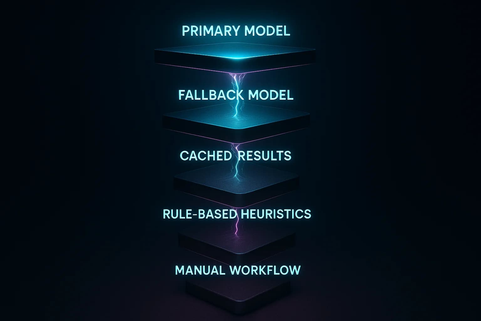 A vertical chain showing the degradation sequence: primary model, fallback model, cached results, rule-based heuristics, manual workflow — with each level showing decreasing capability but increasing reliability