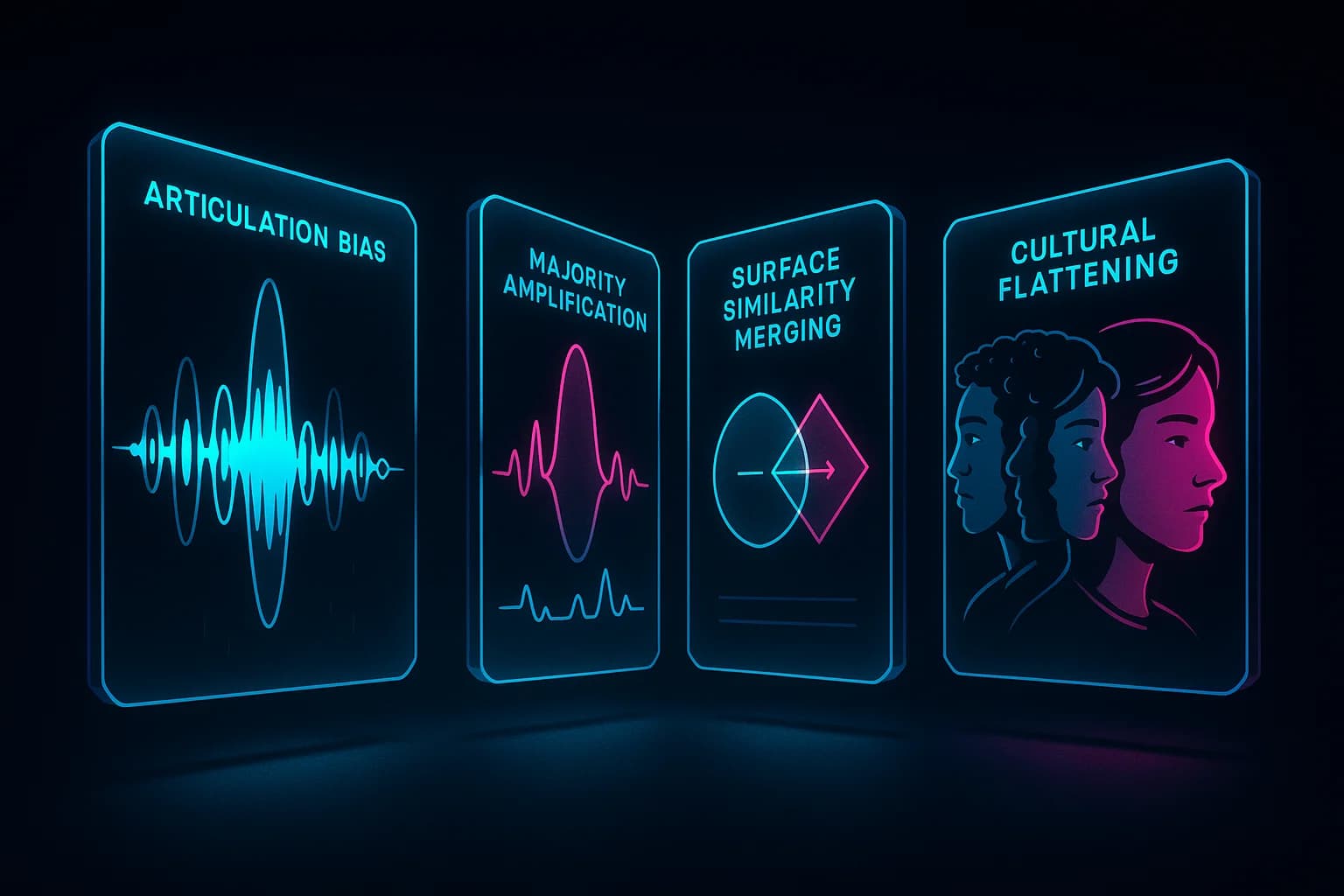 Four panels illustrating AI biases in qualitative analysis: articulation bias (fluent speech weighted more), majority amplification (common themes overshadow rare insights), surface similarity merging (distinct themes collapsed), and cultural flattening (diverse expressions normalized)