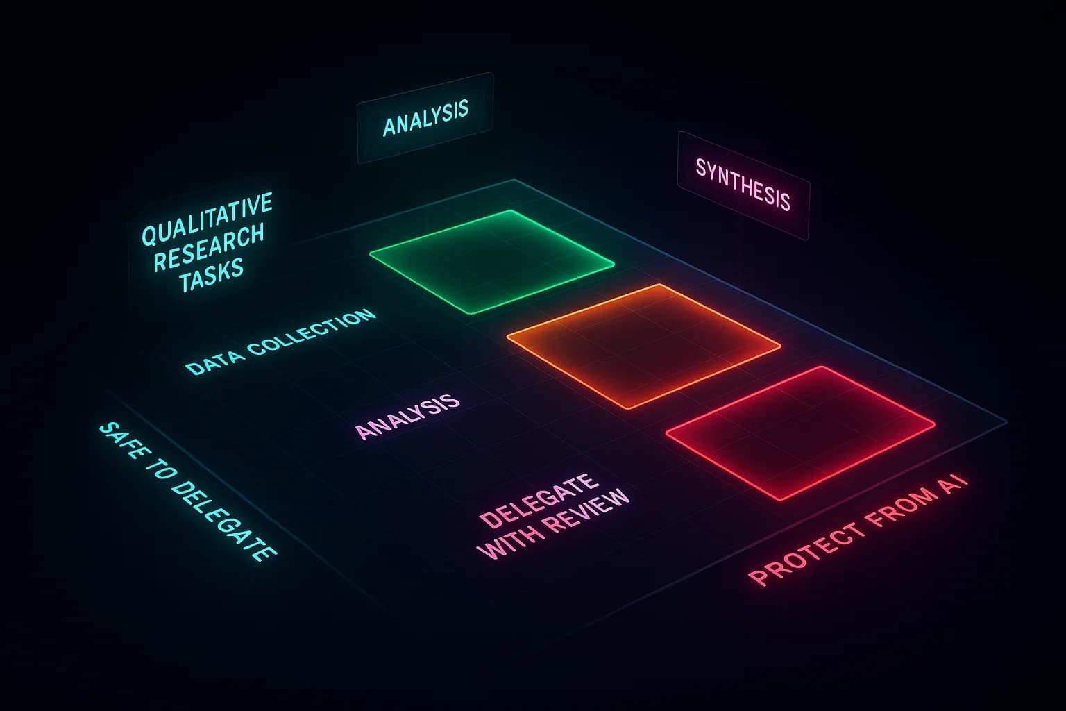 A matrix showing qualitative research tasks on one axis and AI capability level on the other, with tasks categorized as safe to delegate (transcription, code suggestion), delegate with review (pattern identification, quote extraction), and protect from AI (thematic interpretation, insight synthesis)