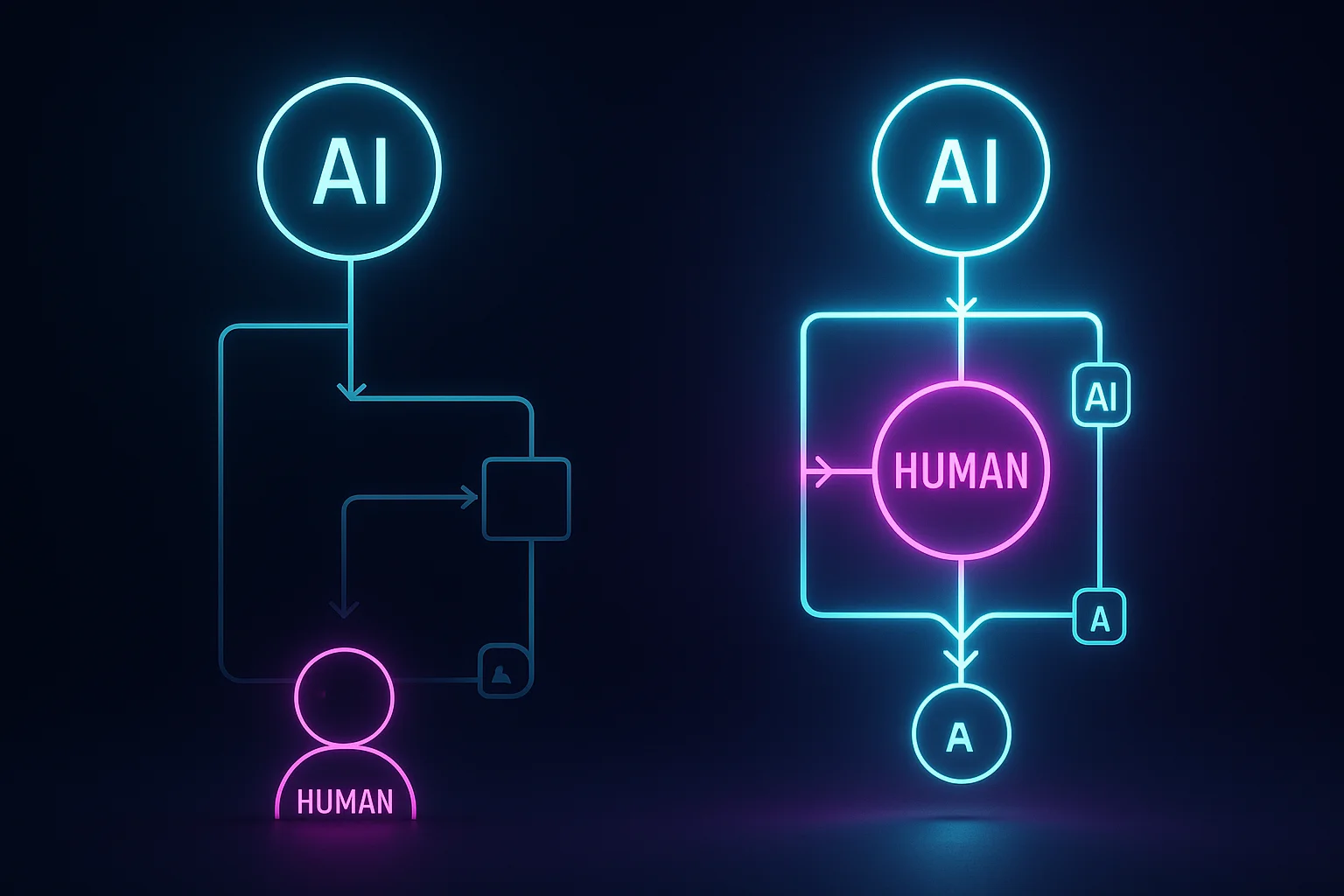 Two parallel workflow diagrams: one showing AI-as-lead (AI analyzes, human reviews) and AI-as-assistant (human directs, AI executes mechanical tasks, human interprets), with the assistant model highlighted as best practice