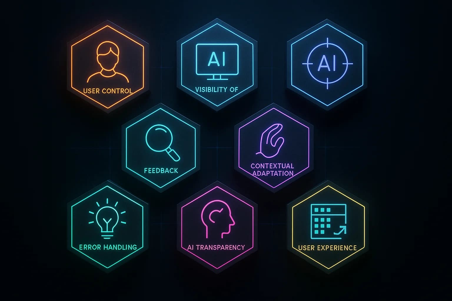 A grid layout showing all eight AI-specific heuristics with their icons, names, and one-line descriptions arranged in a visually scannable format