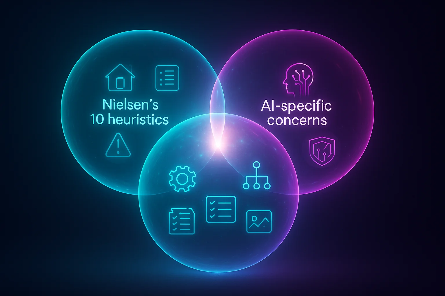 A Venn diagram showing Nielsen's 10 heuristics on the left covering traditional interface evaluation, eight new AI-specific heuristics on the right covering probabilistic system evaluation, with a small overlap zone where principles like error recovery apply to both