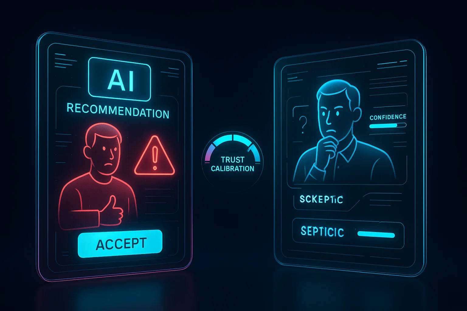 Side-by-side interface mockups showing poor trust calibration (all AI outputs look the same) versus good trust calibration (visual hierarchy communicates confidence levels through color, language, and layout treatment)