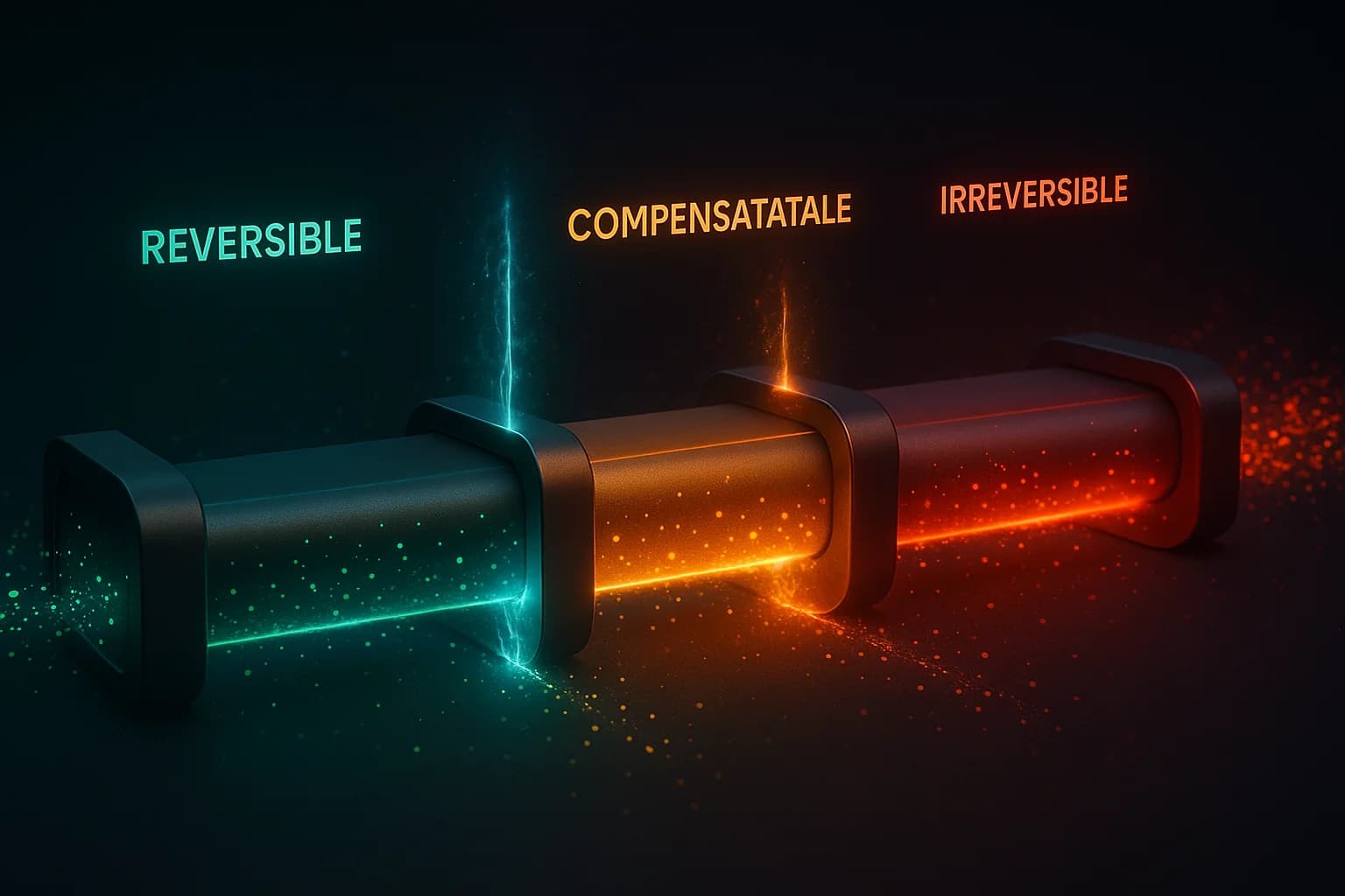 A horizontal workflow diagram showing an AI agent's multi-step process with green reversible steps, amber compensatable steps, and a red irreversible step, with checkpoint gates between severity transitions