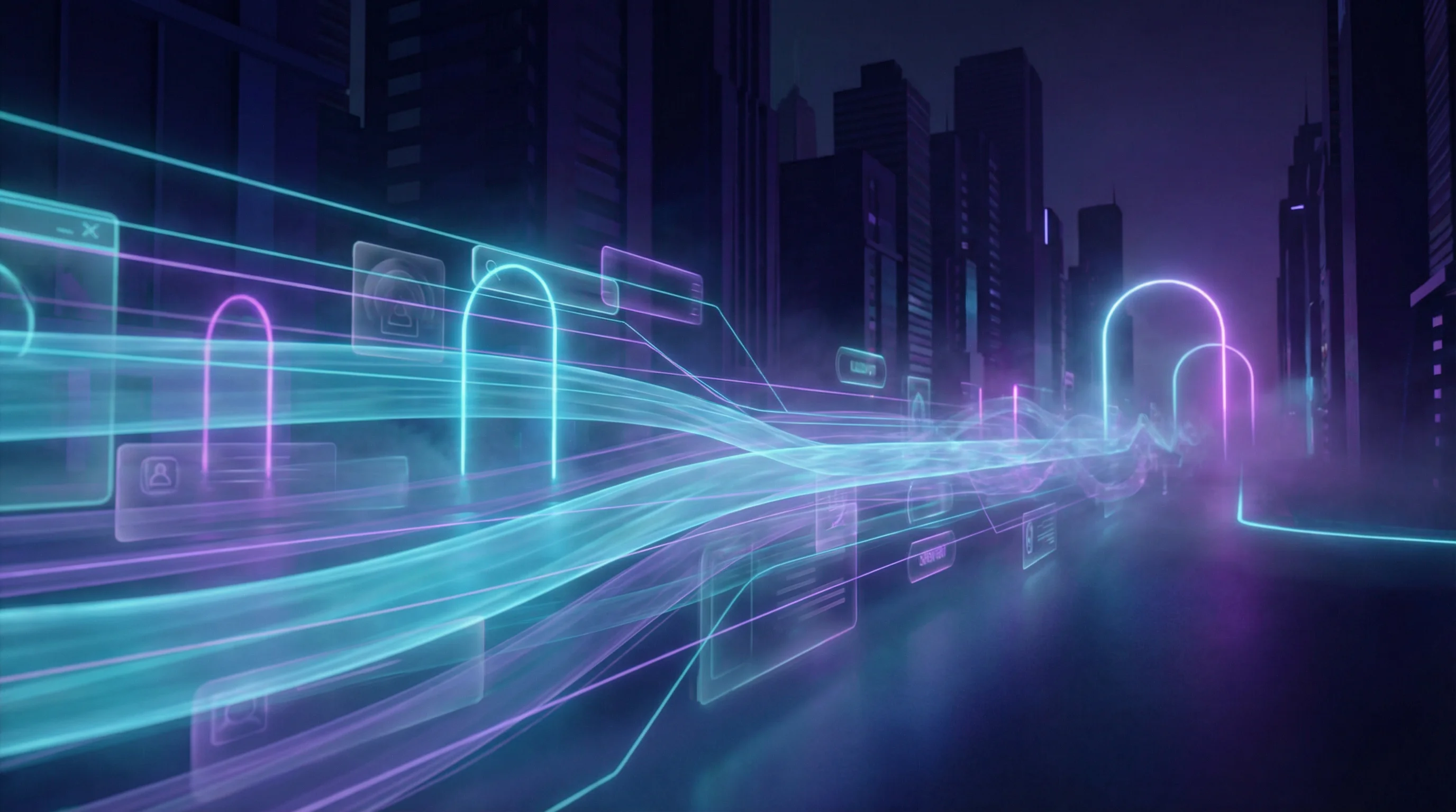 Abstract visualization of user intent signals flowing past traditional GUI elements like buttons and forms, representing the shift from clicking to delegating